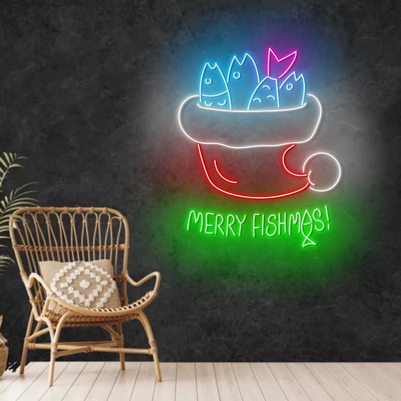Craftnamesign Merry Fishmas Neon Light, Merry Christmas LED Sign, Fishing Wall Art