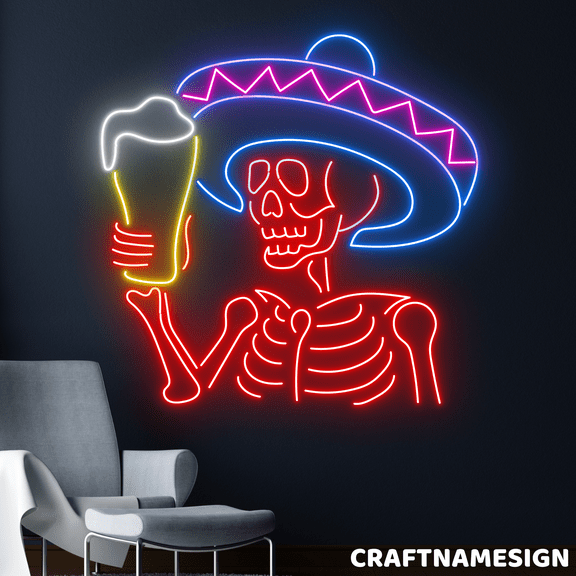 Craftnamesign Mexican Skeleton Drinking Beer Neon Sign, Beer Bar Pub Wall Decor