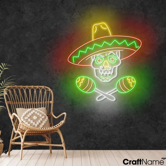 Craftnamesign Mexican Skull Art Neon Sign Light Up For Fiesta Festival Wall Decor
