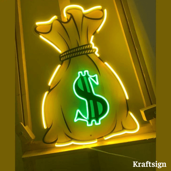 Craftnamesign Money Bag Neon Acrylic Print Sign, Money Bag Led Light Sign, Money Bag Decor