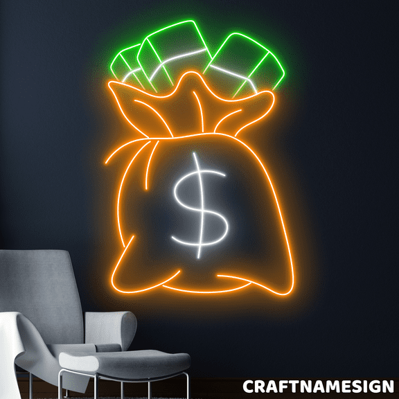 Craftnamesign Money Bag Neon Sign, Rich Money Wall Art, Casino Wall Decor