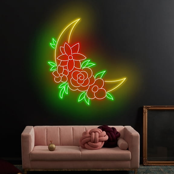 Craftnamesign Moon Flower Neon Sign, Moon Florist LED Light Artwork, Flower Shop Wall Decor