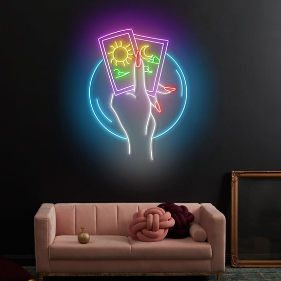 Craftnamesign Moon Sun Tarot Card Neon Light, Psychic Tarot Led Sign, Psychic Reading Wall Art
