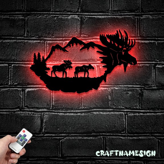 Craftnamesign Moose Alternative Metal Wall Art LED Light, Moose In Forest Sign Home Decor
