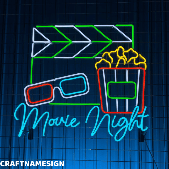 Craftnamesign Movie Night Neon Sign, Film Light Wall Decor, Home Theater Wall Art