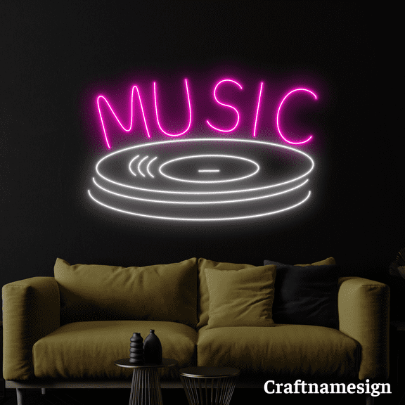 Craftnamesign Music And Vinyl Disc Neon Sign for Music Studio Room Wall Decor