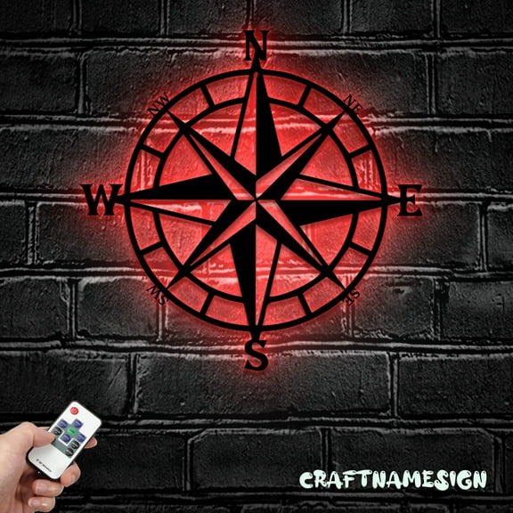 Craftnamesign Nautical Compass Metal Wall Art LED Light, Coordinates Sign, Compass Decor