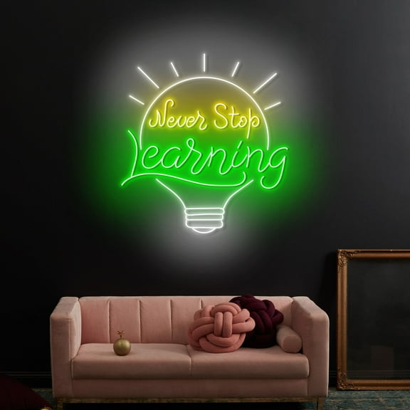 Craftnamesign Never Stop Learning Light Bulb Neon Sign, Reading Room LED Light, Library Wall Decor