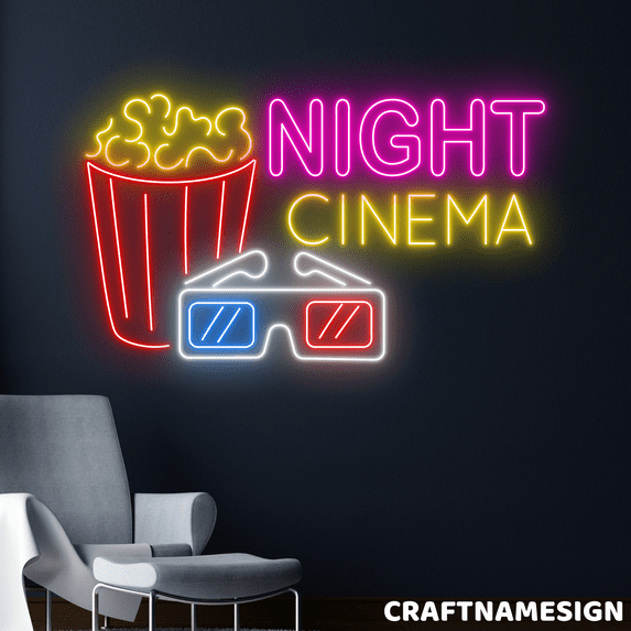 Craftnamesign Night Cinema Neon Sign, Movie Theater Wall Decor, Home Theater Wall Art