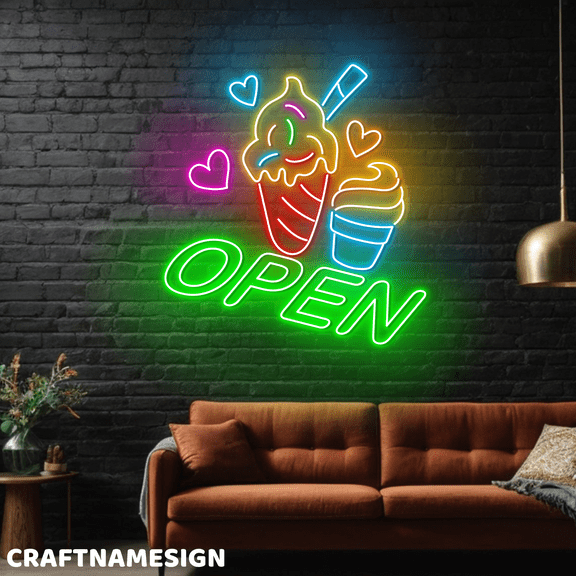 Craftnamesign Open Neon Sign, Dessert Wall Art, Ice Cream Wall Decor
