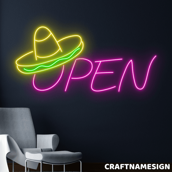 Craftnamesign Open Neon Sign, Mexican Restaurant Store Wall Art, Tacos Wall Decor