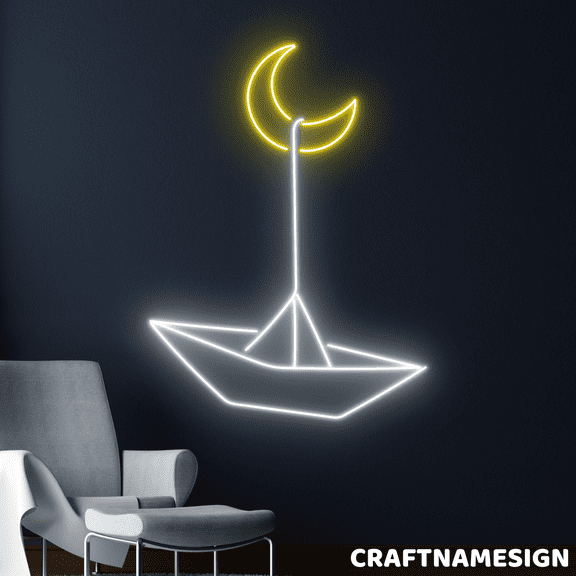 Craftnamesign Paper Boat With The Moon Neon Sign, Store Wall Art, Bedroom Wall Decor