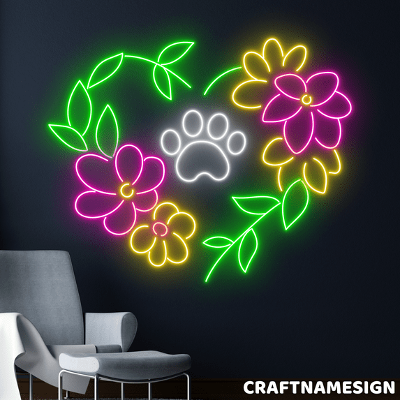 Craftnamesign Paw Print On Heart Flower Neon Sign, Pet Shop Wall Art Decor