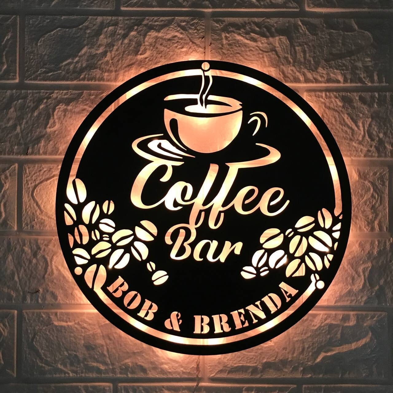 Craftnamesign Personalized Coffee Bar Metal Wall Art LED Light, Custom Coffee Shop Name Sign