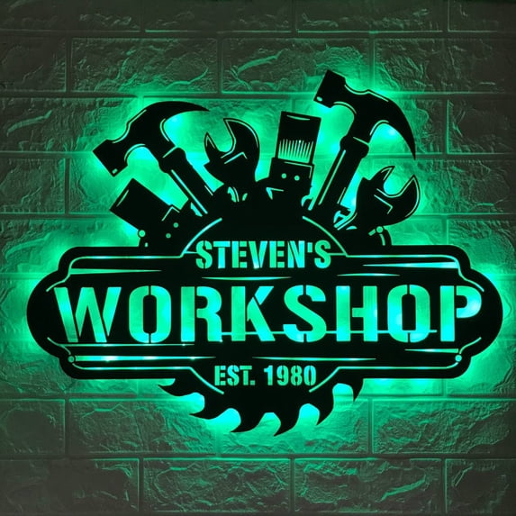 Craftnamesign Personalized Garage Metal Wall Art LED Light, Custom Workshop Name Sign, Gift for Dad