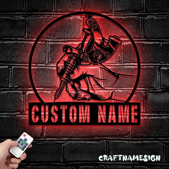 Craftnamesign Personalized Tattoo Artist Metal Wall Art LED Light, Custom Ink Studio Name Sign