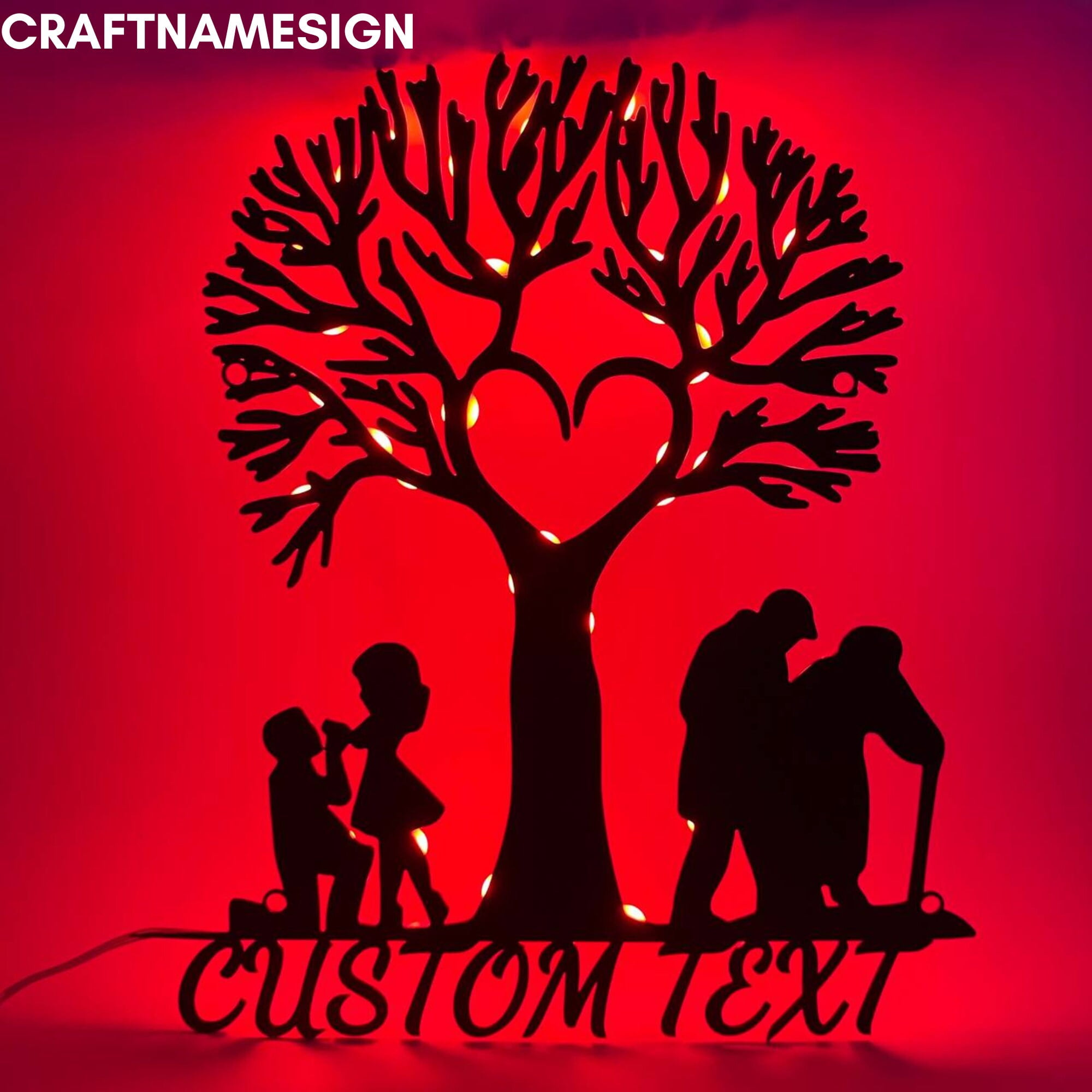 Craftnamesign Personalized Unique Tree Heart & Names Metal Led Wall