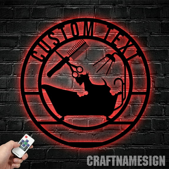 Craftnamesign Pet Grooming Hair Salon Metal Wall Art LED Light, Custom Groomer Name Sign