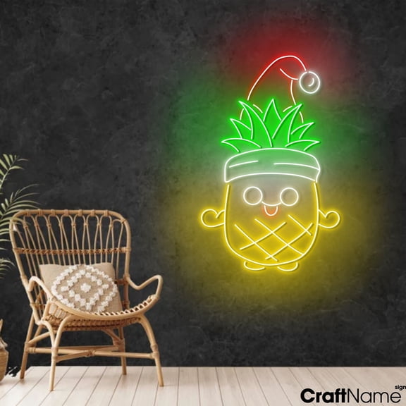 Craftnamesign Pineapple Xmas Neon Light, Merry Christmas Decor, Juice Store LED Sign