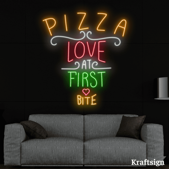 Craftnamesign Pizza Love At First Bite Neon Sign, Pizza Restaurant Decor, Pizza Sign