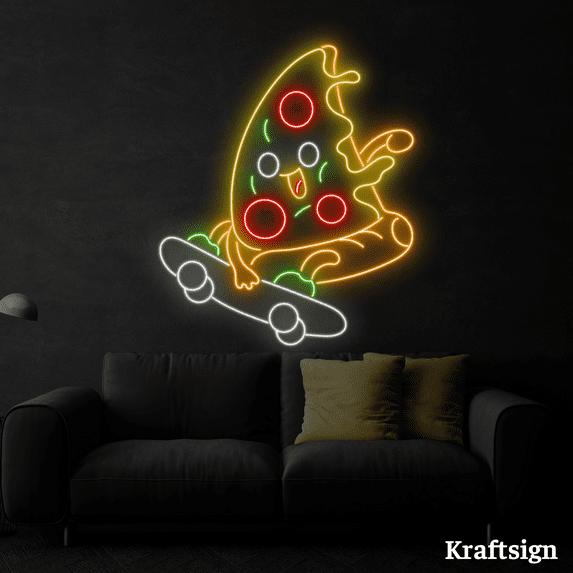 Craftnamesign Pizza Skateboarding Neon Sign, Pizza Restaurant Shop Decor