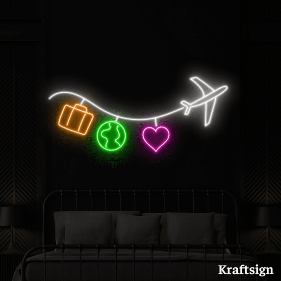 Craftnamesign Plane Earth Heart Neon Sign,Travel Lover Gifts,Bedroom Decor