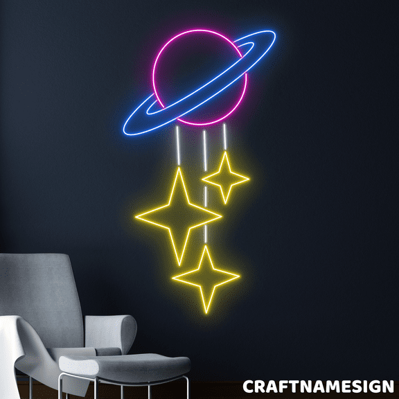 Craftnamesign Planet Neon Sign, Bedroom Led Light Wall Art, Nursery Wall Decor