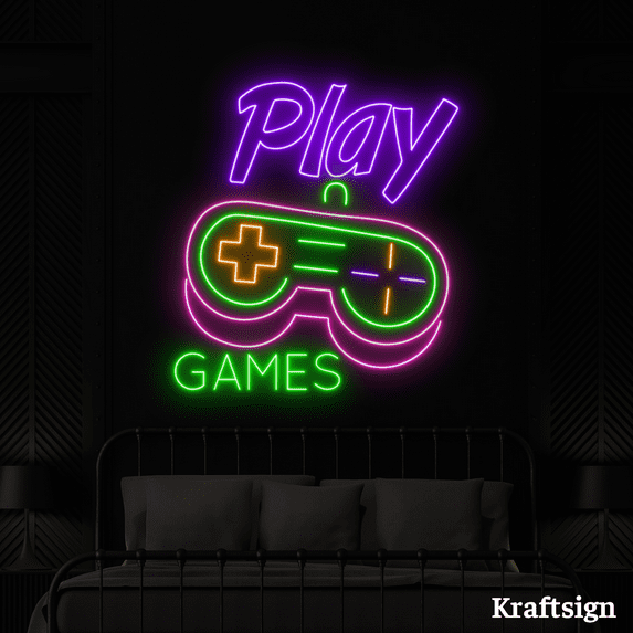 Craftnamesign Play Games Neon Sign, Game Room LED Sign, Men Cave Decor