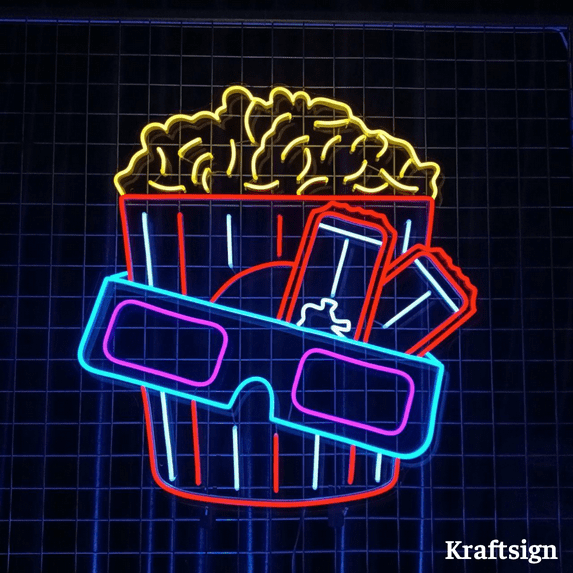 Craftnamesign Popcorn Neon Sign, Cinema LED Signage, 3D Room Decor