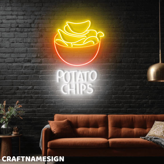 Craftnamesign Potato Chips Neon Sign, Kitchen Wall Art, Snacks Wall Sign