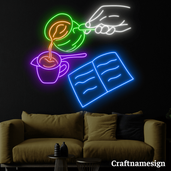 Craftnamesign Pour Coffee In Cup And Book Neon Sign for Book Store Coffee Shop Wall Decor