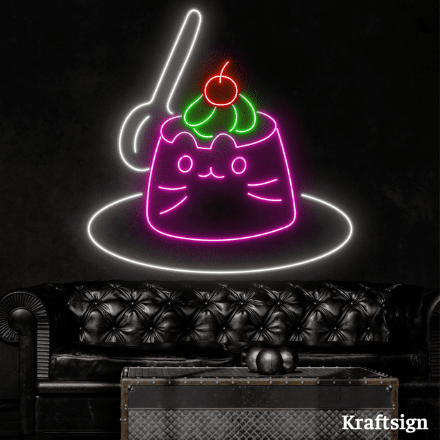 Craftnamesign Pudding Cat Neon Sign, Dessert Shop Decor, Coffee Wall