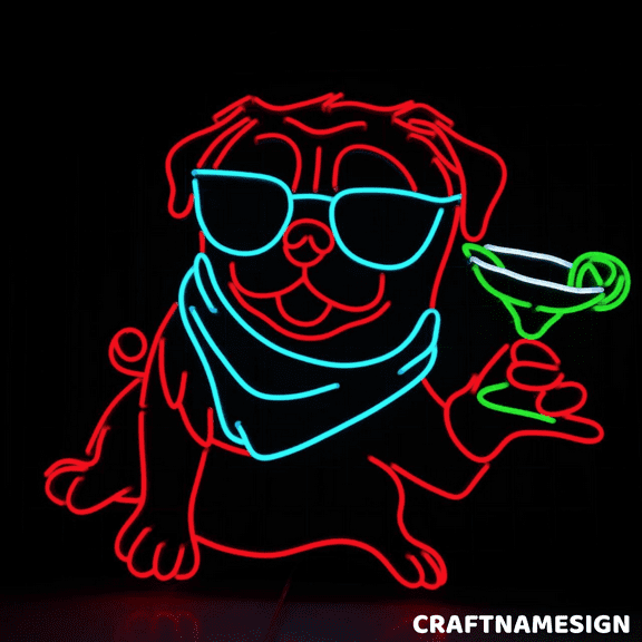Craftnamesign Pug Dog Drink Margarita Neon Light, Wall Sign For Bar Pub, Pet Store