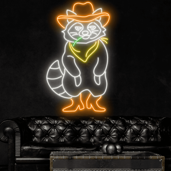 Craftnamesign Raccoon Cowboy Neon Sign, Raccoon Wall Art, Cowboy LED Sign