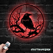 Craftnamesign Raven Metal Wall Art with LED Light, Crow Moon Sign Home Decor