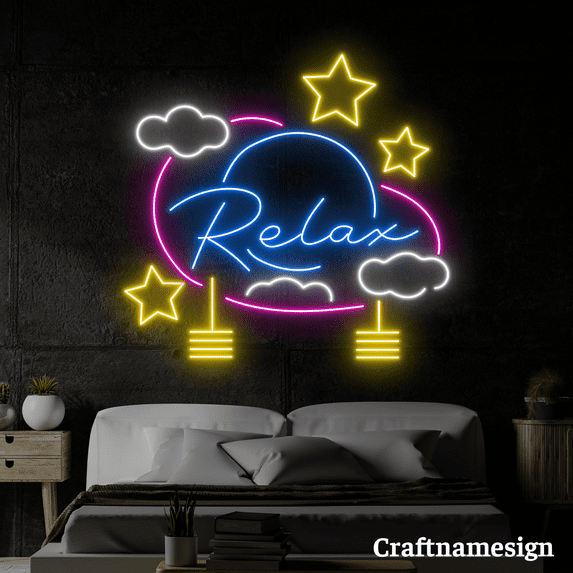 Craftnamesign Relax With Cloud Star Neon Sign for Bedroom Wall Art