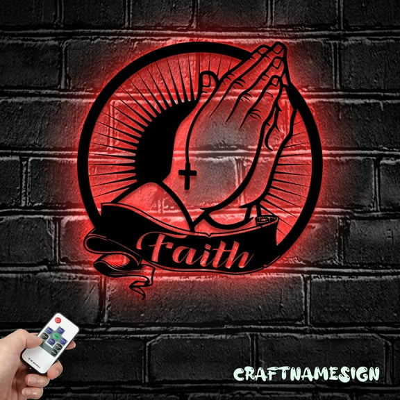 Craftnamesign Religious Praying Hands Faith Metal Wall Art LED Light, Christ Sign Home Decor