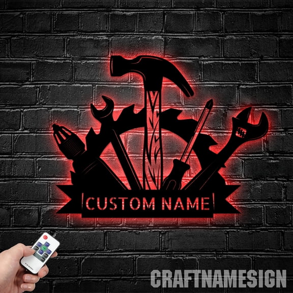 Craftnamesign Repair Tools Metal Wall Art LED Light, Custom Handyman Name Sign, Garage Metal Sign