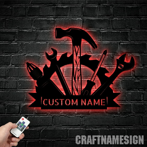Craftnamesign Repair Tools Metal Wall Art LED Light, Custom Handyman Name Sign, Garage Metal Sign