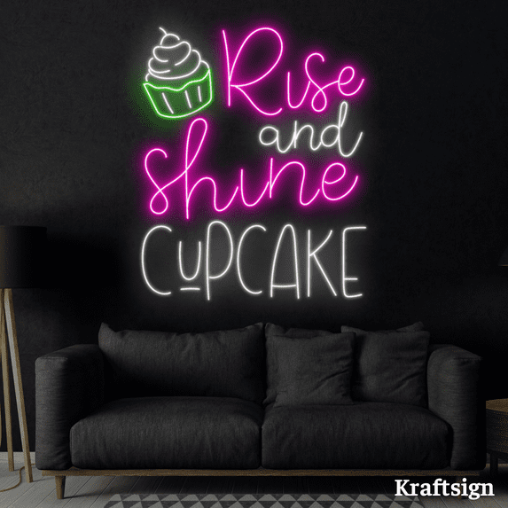 Craftnamesign Rise And Shine Cupcake Neon Sign, Bakery Cakes Shop Decor