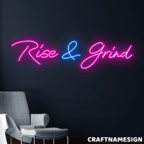 Craftnamesign Rise & Grind Neon Sign, Bedroom Wall Decor, Motivational Wall Art