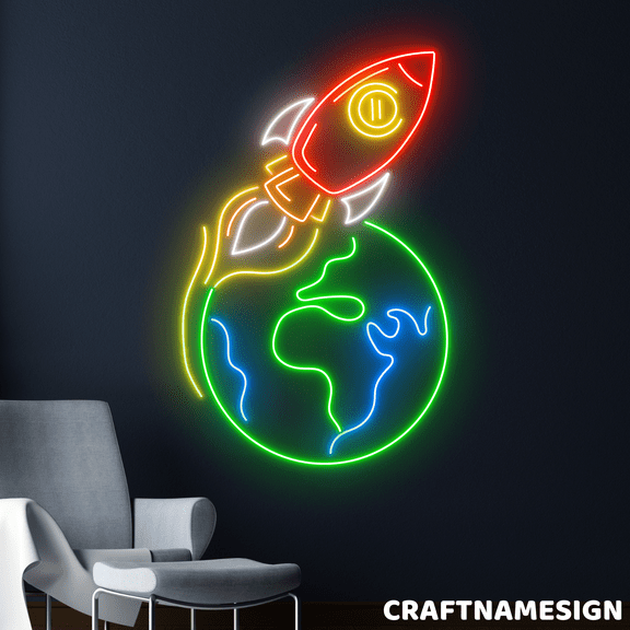 Craftnamesign Rocket Earth Neon Sign, Living Room Wall Decor, Rocket Wall Art