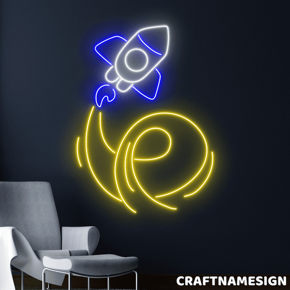 Craftnamesign Rocket Neon Sign, Kids Room Wall Decor, Space Room Wall Art