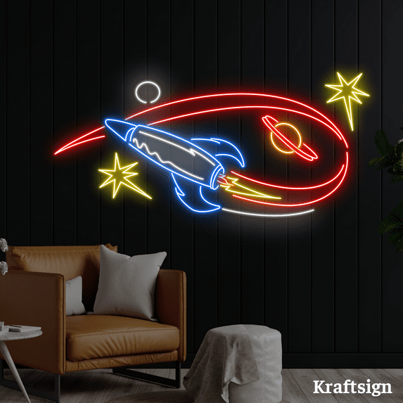 Craftnamesign Rocket Universe Neon Sign, Spaceman LED Sign, Man Cave Decorr