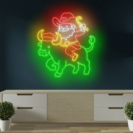 Craftnamesign Rodeo Cowboy Santa Neon Light, Cowboy Christmas Led Sign, Cowboy Santa Wall Art