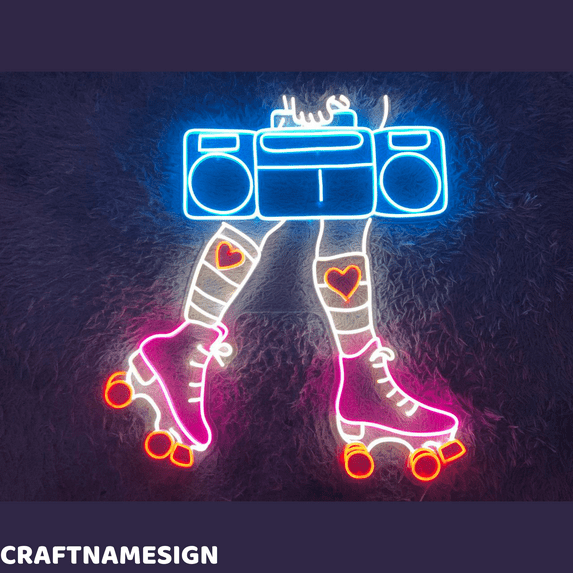 Craftnamesign Roller Skate Boombox Neon Sign, Skate Girl Player Led Light Wall Art
