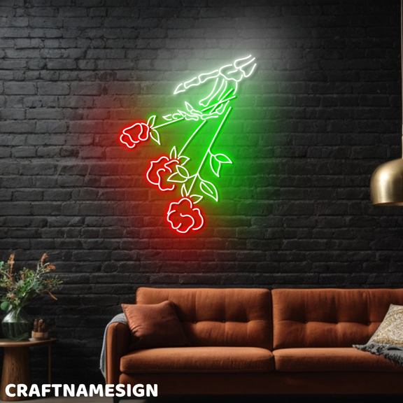Craftnamesign Rose Skeleton Hand Neon Light Wall Sign For Flower Shop Decor