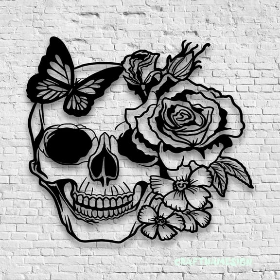 Craftnamesign Rose Sugar Skull Metal Wall Art LED Light, Flower Skull Sign, Skull Wall Decor