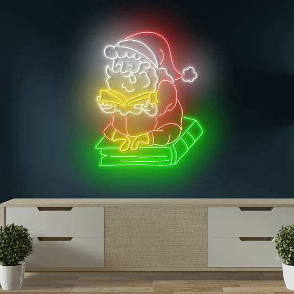 Craftnamesign Santa Reading Book Neon Sign, Christmas Bookstore Led Light, Santa Book Wall Art