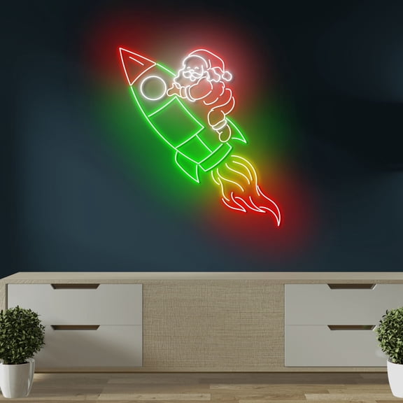 Craftnamesign Santa Rocket Neon Sign, Santa Claus Wall Art, Christmas LED Light Up Decor